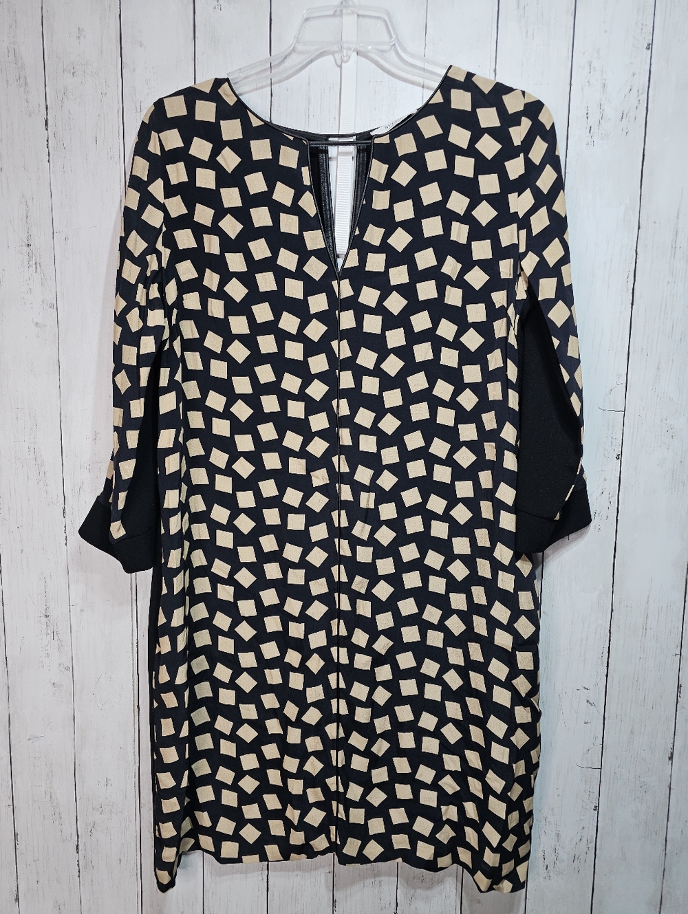 Sfizio Womens Black Tan Viscose Blend Shift Dress Size 10 US Leather Piping Trim